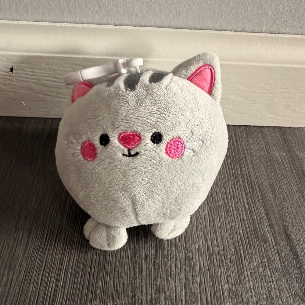Gray and Pink Cat Plush Toy with keychain - new and never used